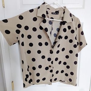 Nasty Gal Tan/Black One More Button Hurt Polka Dot Blouse